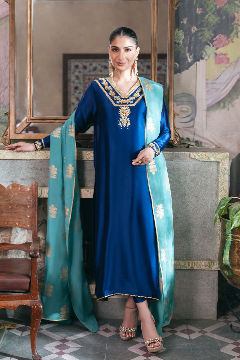 Pakistani Electric Blue Embroidered Sheesha Silk Kurta (3-Piece) - Image 1