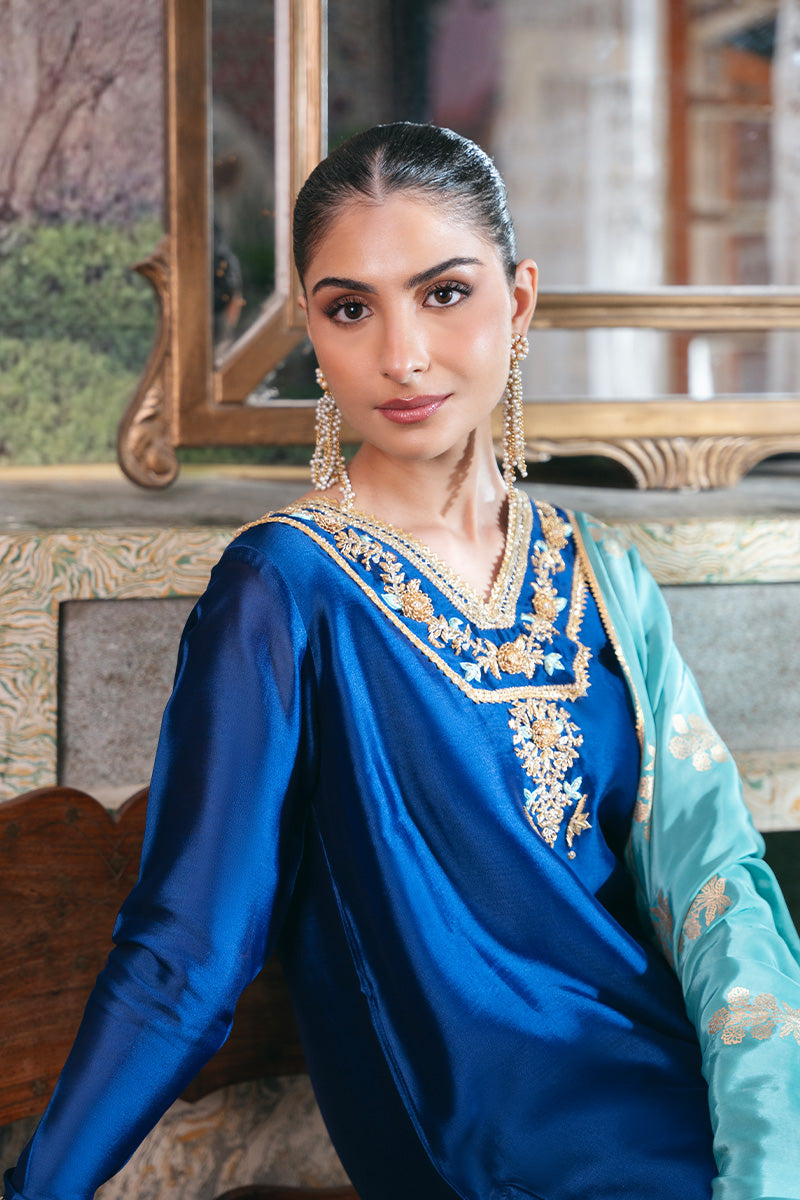 Pakistani Electric Blue Embroidered Sheesha Silk Kurta (3-Piece) - Image 7