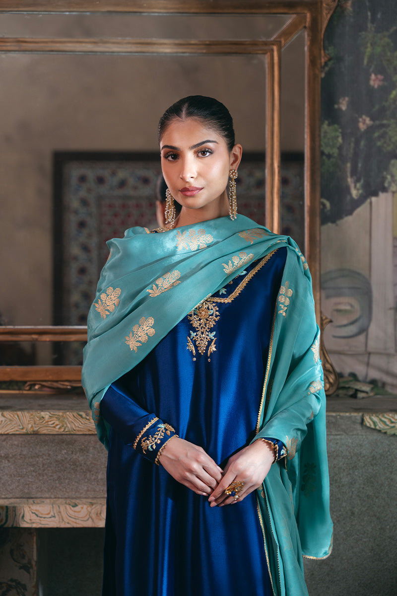 Pakistani Electric Blue Embroidered Sheesha Silk Kurta (3-Piece) - Image 8