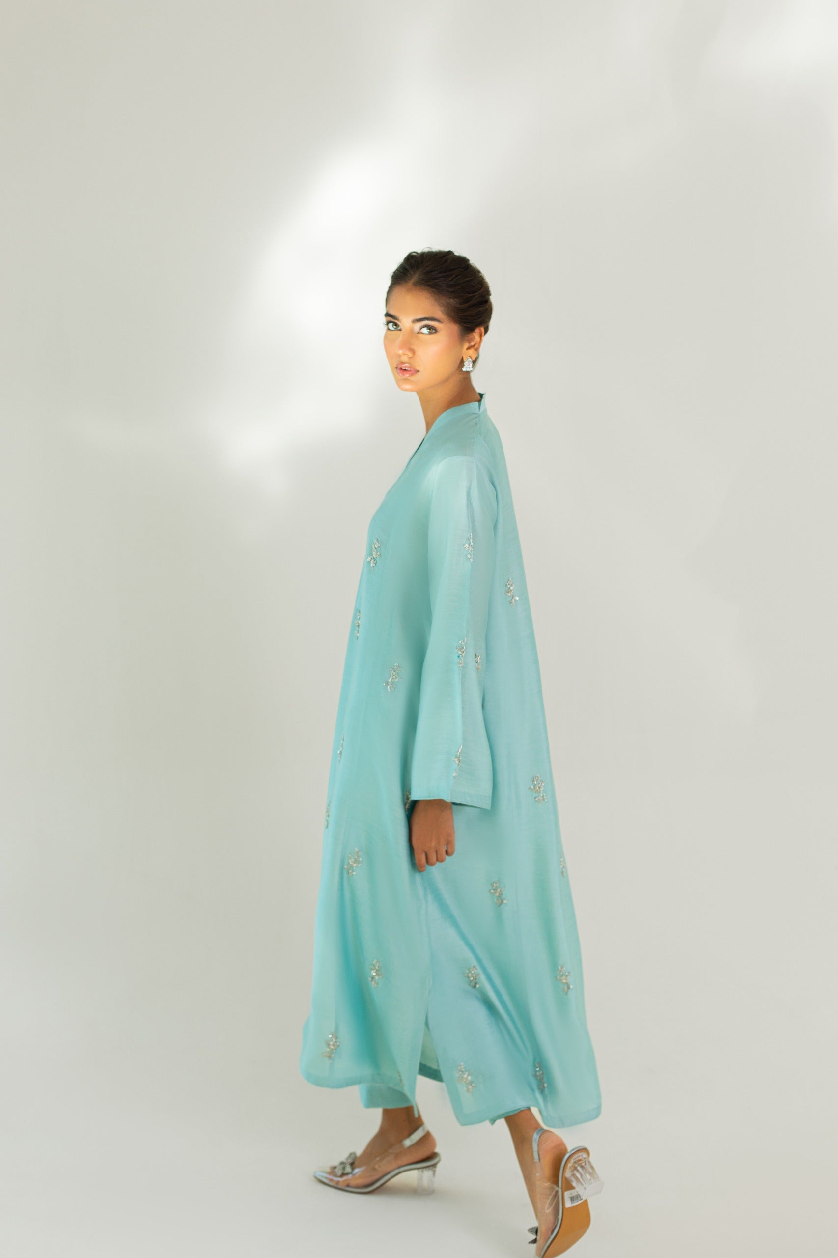 Aqua Hand Embellished Sheesha Silk Salwar Kameez (2-Piece) - Image 4