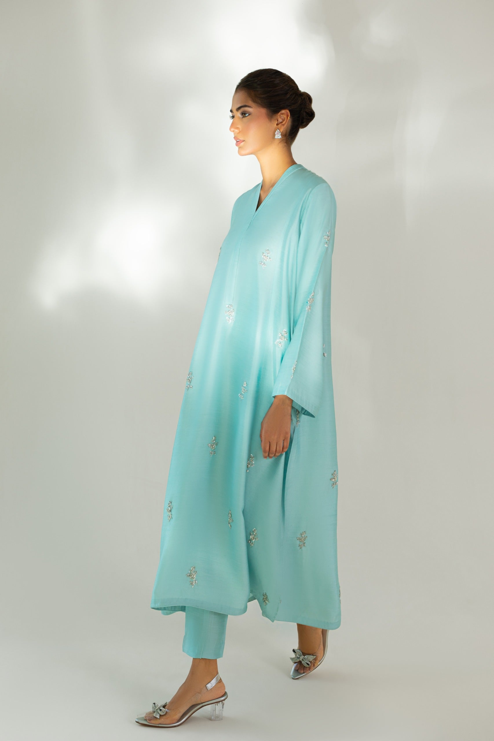 Aqua Hand Embellished Sheesha Silk Salwar Kameez (2-Piece) - Image 5
