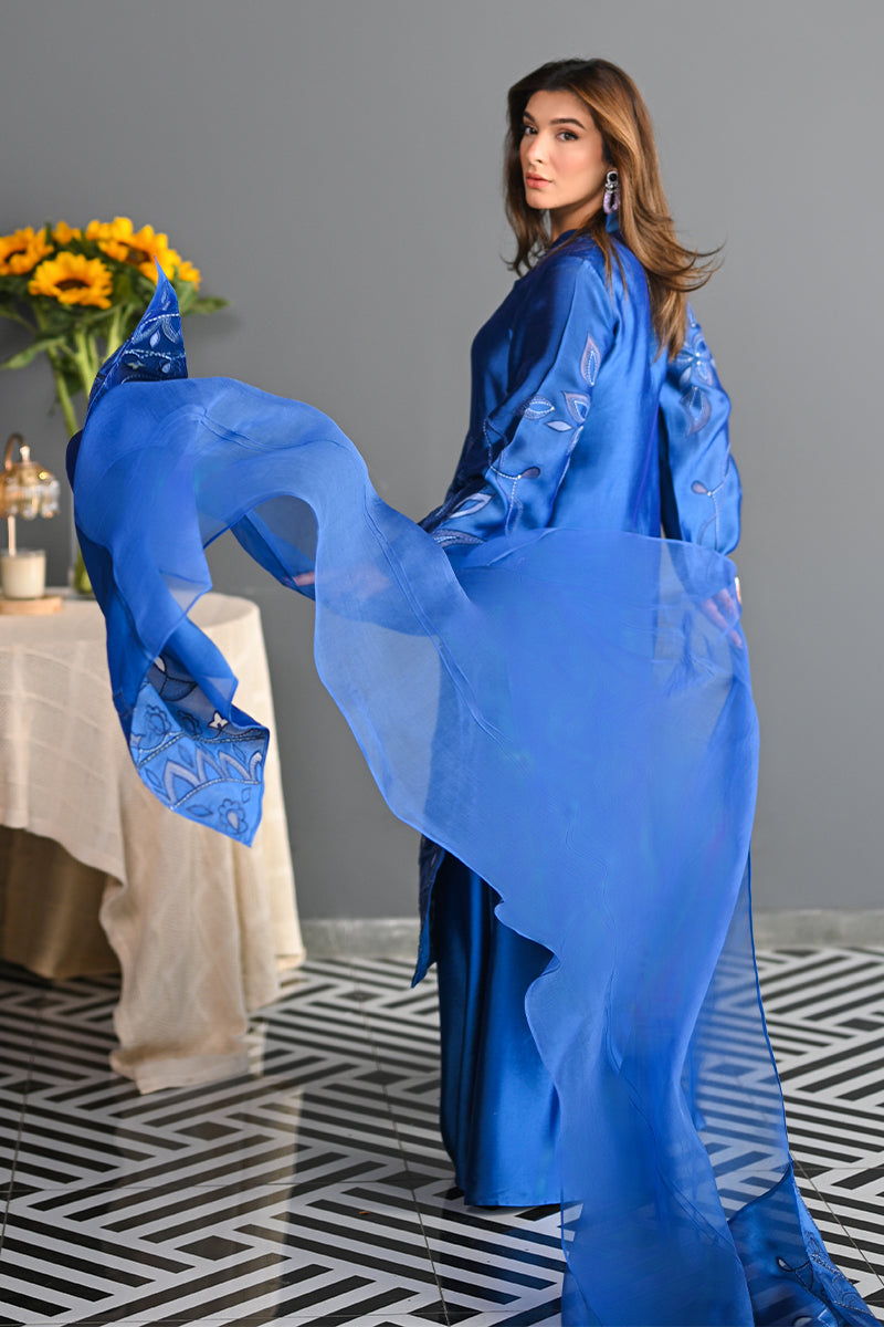 Electric Blue Embroidered Sheesha Silk Salwar Kameez (3-Piece) - Image 2