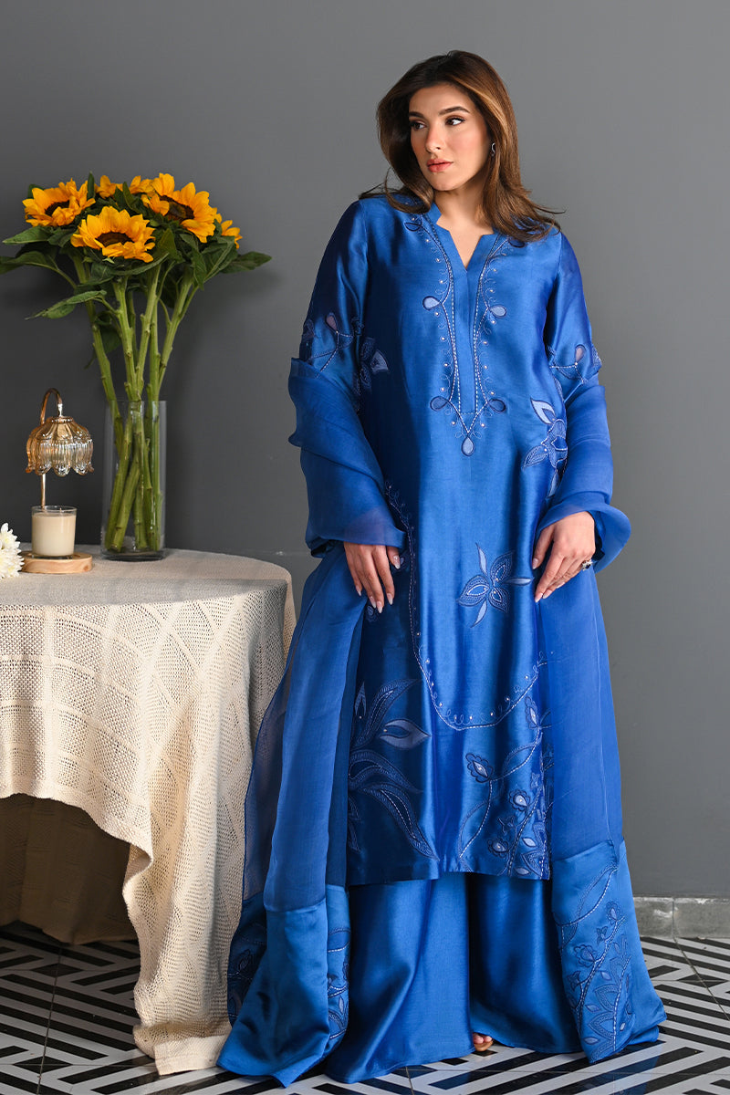 Electric Blue Embroidered Sheesha Silk Salwar Kameez (3-Piece) - Image 3