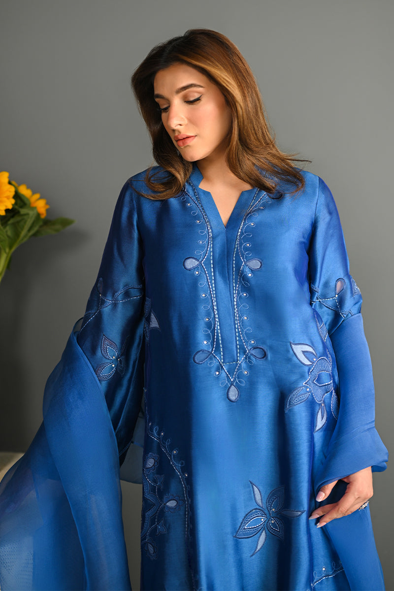 Electric Blue Embroidered Sheesha Silk Salwar Kameez (3-Piece) - Image 4