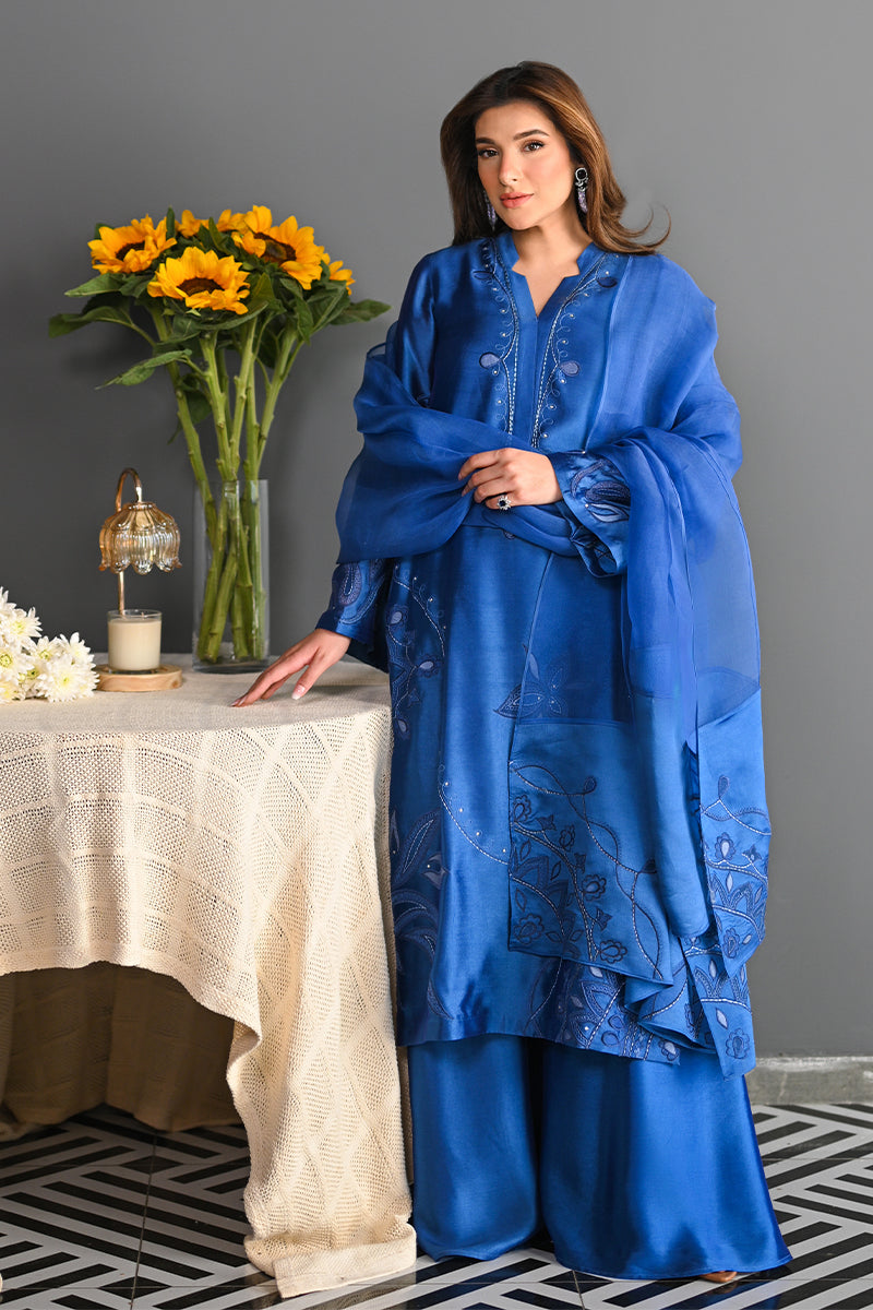 Electric Blue Embroidered Sheesha Silk Salwar Kameez (3-Piece) - Image 6