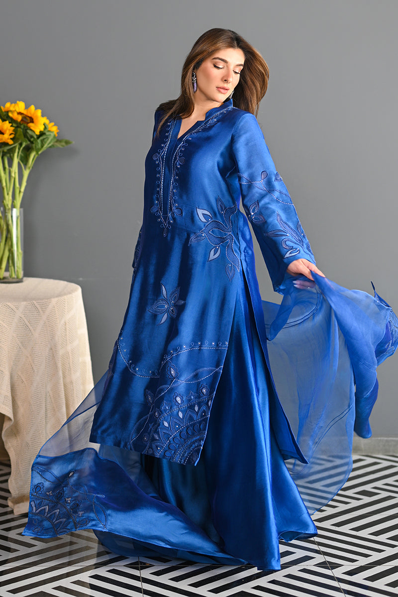 Electric Blue Embroidered Sheesha Silk Salwar Kameez (3-Piece) - Image 7