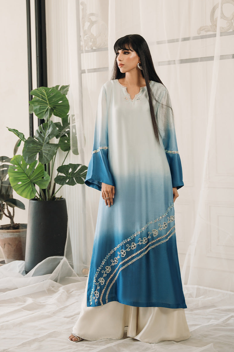 Blue Ombre Swarovski Embroidered Sheesha Silk Salwar Kameez (2-Piece) - Image 1