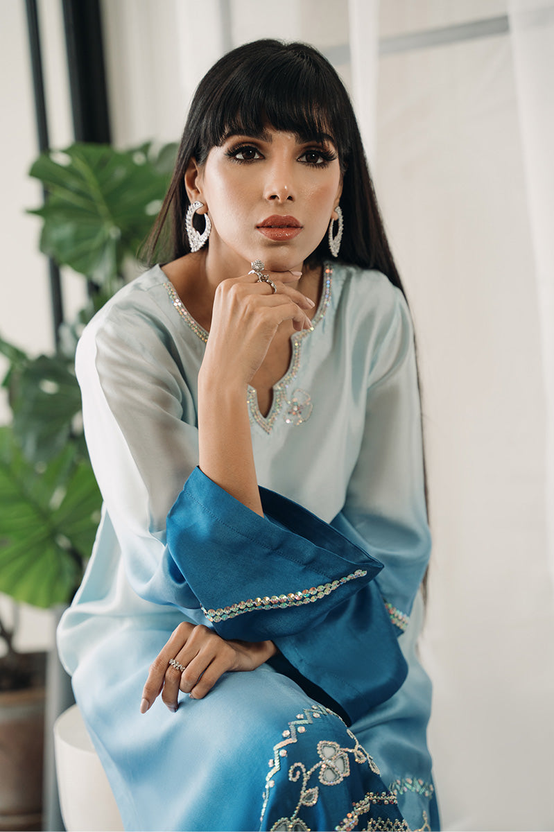 Blue Ombre Swarovski Embroidered Sheesha Silk Salwar Kameez (2-Piece) - Image 10
