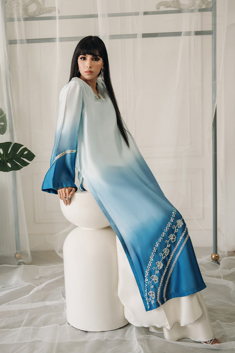 Blue Ombre Swarovski Embroidered Sheesha Silk Salwar Kameez (2-Piece) - Image 2
