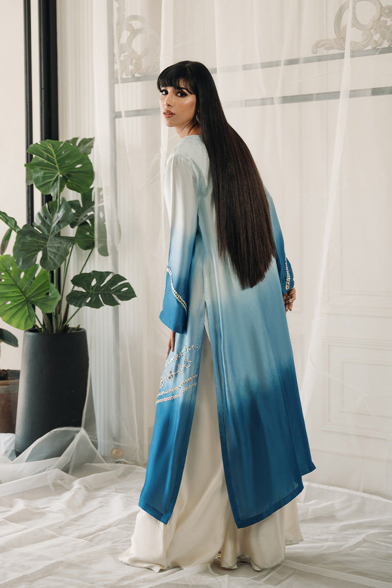 Blue Ombre Swarovski Embroidered Sheesha Silk Salwar Kameez (2-Piece) - Image 4