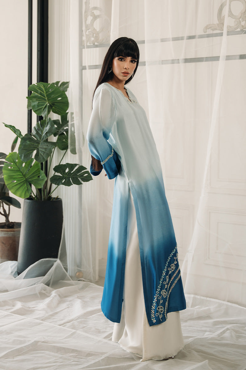 Blue Ombre Swarovski Sheesha Silk Salwar Kameez (2-Piece) - Image 3