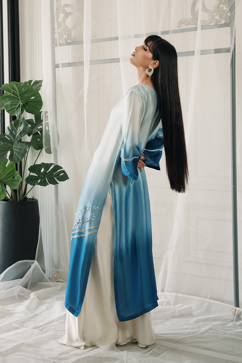 Blue Ombre Swarovski Sheesha Silk Salwar Kameez (2-Piece) - Image 5