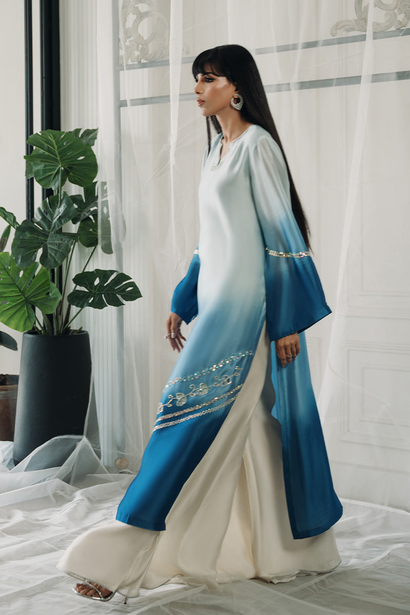 Blue Ombre Swarovski Sheesha Silk Salwar Kameez (2-Piece) - Image 6