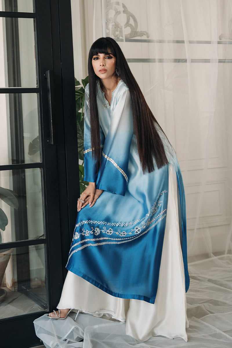 Blue Ombre Swarovski Sheesha Silk Salwar Kameez (2-Piece) - Image 7
