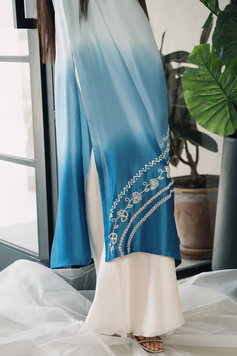 Blue Ombre Swarovski Sheesha Silk Salwar Kameez (2-Piece) - Image 9