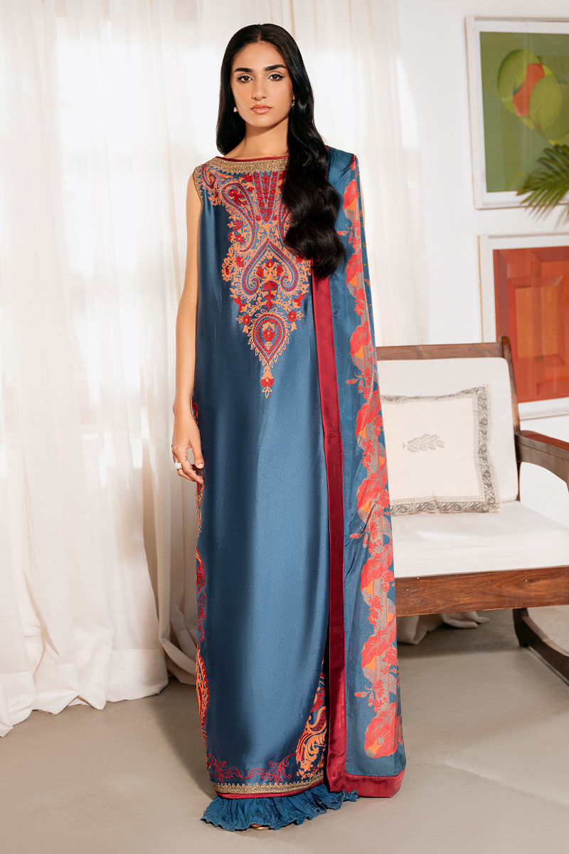 Blue Embroidered Sheesha Silk Salwar Kameez (3-Piece) - Image 1