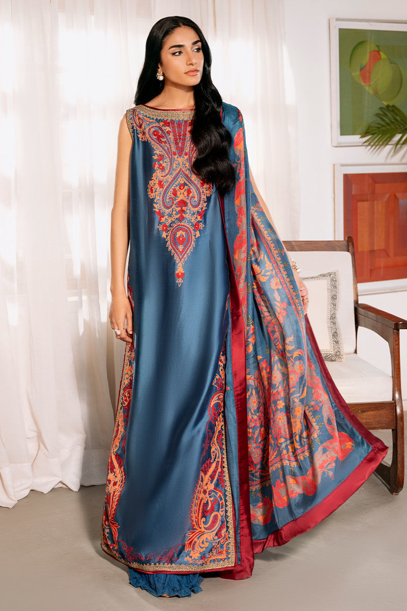 Blue Embroidered Sheesha Silk Salwar Kameez (3-Piece) - Image 2