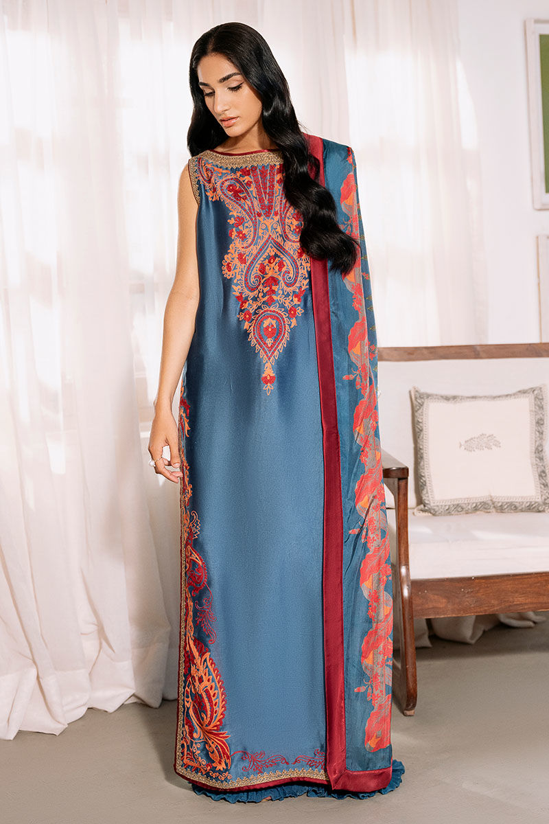 Blue Embroidered Sheesha Silk Salwar Kameez (3-Piece) - Image 3