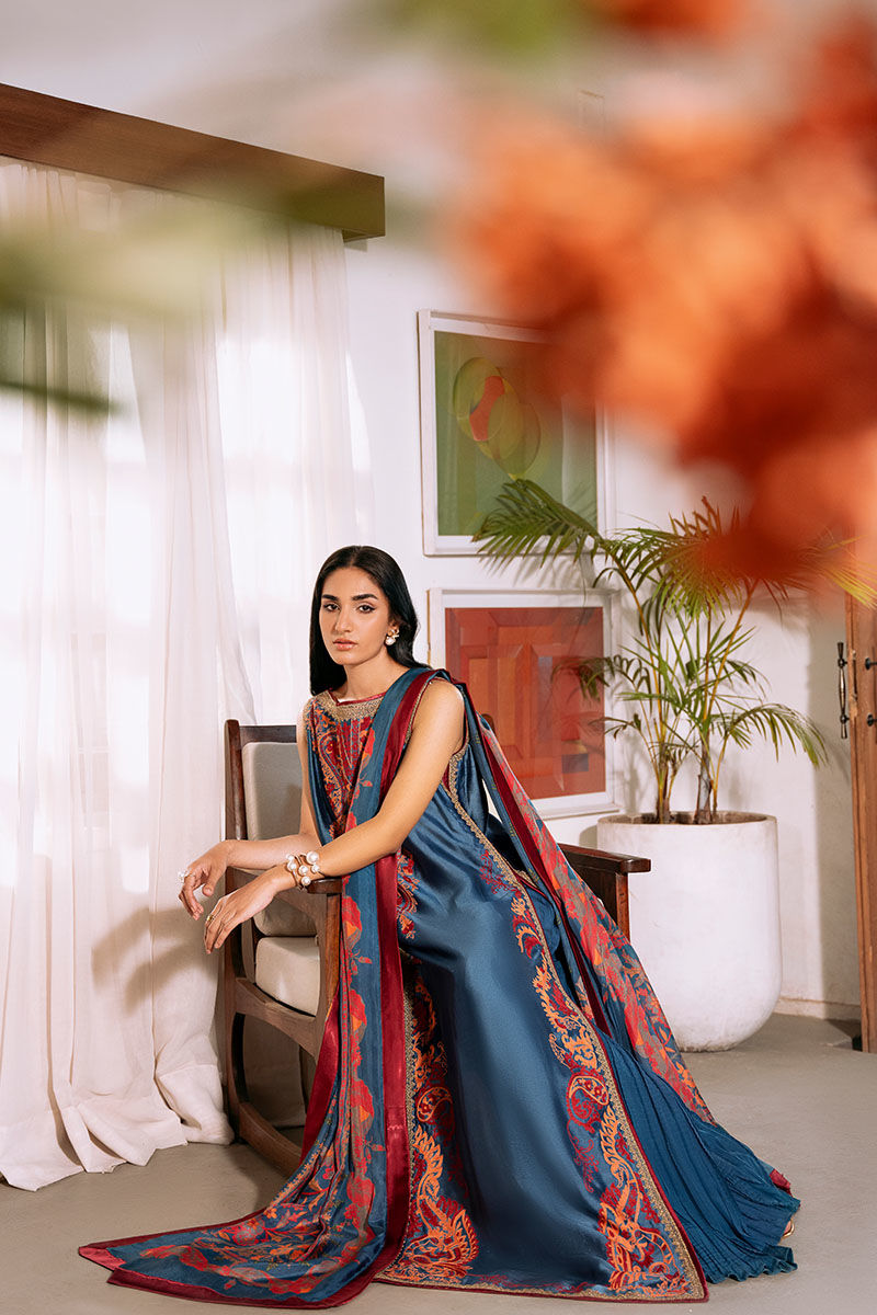 Blue Embroidered Sheesha Silk Salwar Kameez (3-Piece) - Image 4