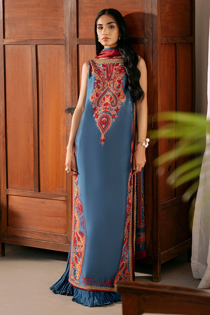 Blue Embroidered Sheesha Silk Salwar Kameez (3-Piece) - Image 5