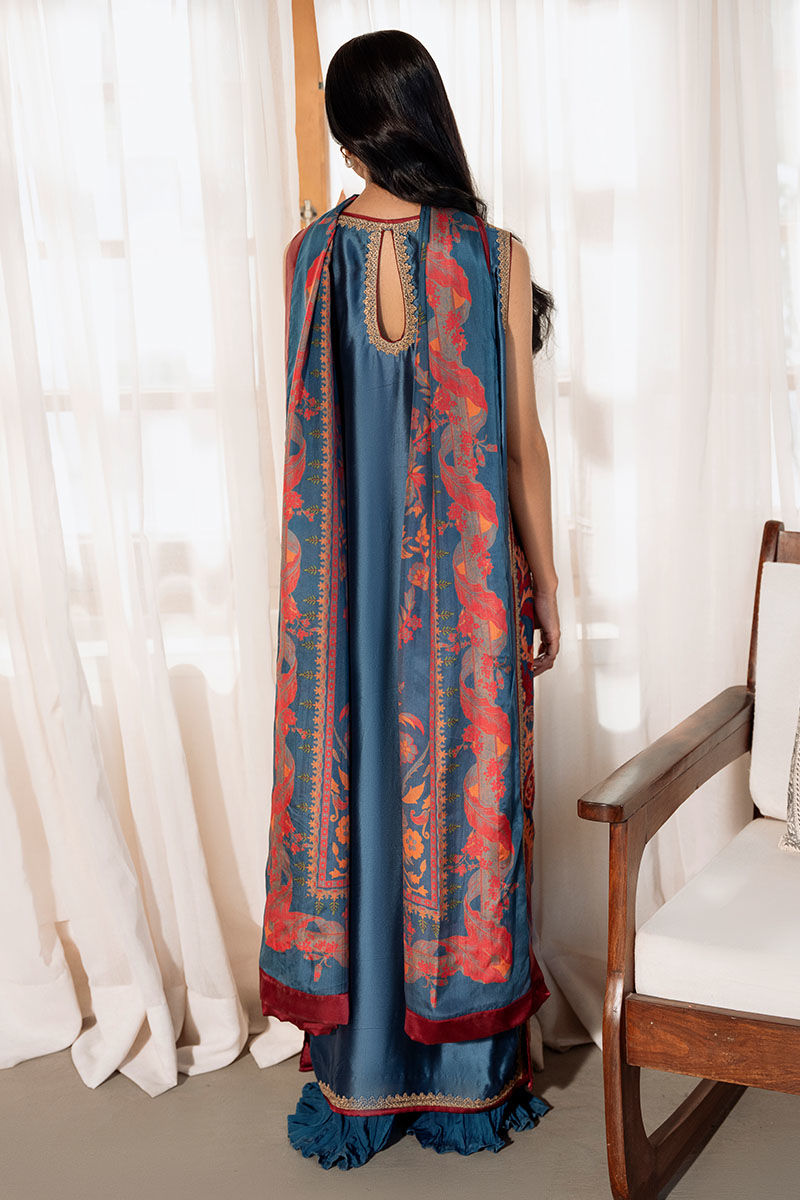 Blue Embroidered Sheesha Silk Salwar Kameez (3-Piece) - Image 6