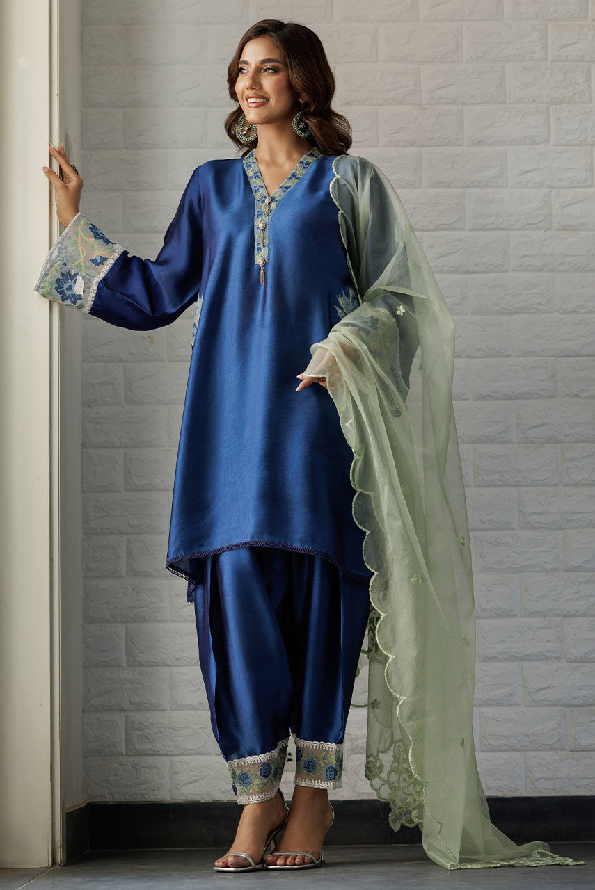 Sapphire Blue Embroidered Silk-Blend Salwar Kameez (3-Piece) - Image 1