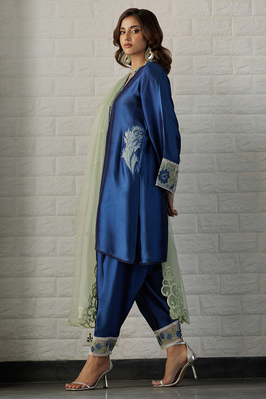 Sapphire Blue Embroidered Silk-Blend Salwar Kameez (3-Piece) - Image 2