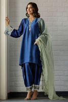 Sapphire Blue Embroidered Silk-Blend Salwar Kameez (3-Piece) - Image 3