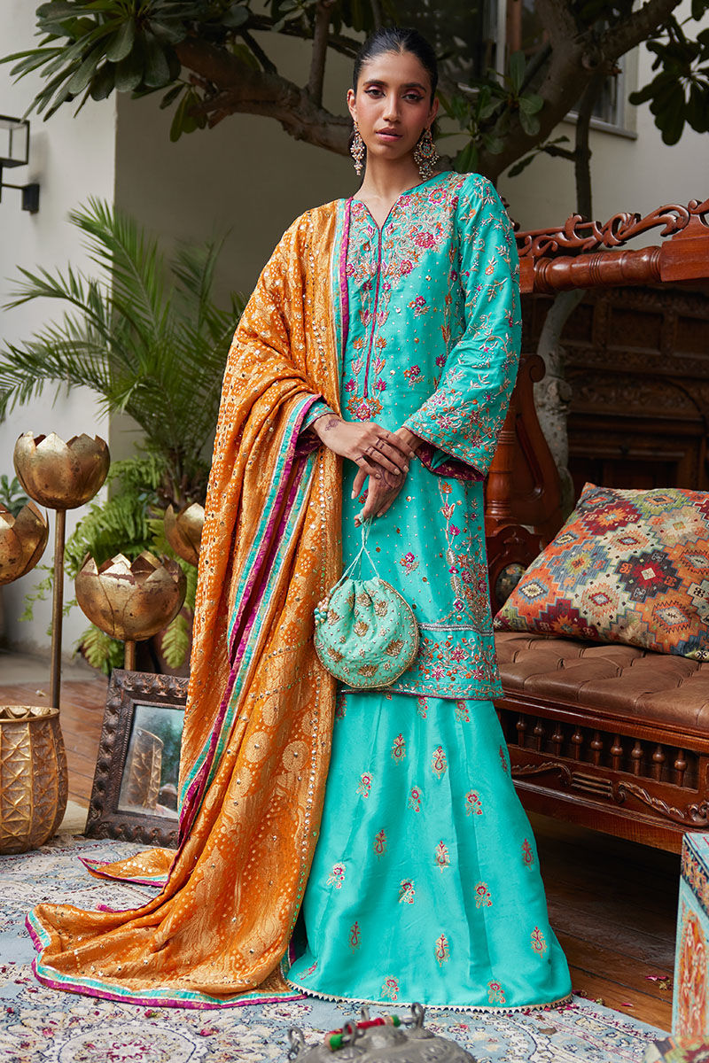 Pakistani Cyan Blue Embroidered Silk-Blend Salwar Kameez (3-Piece) - Image 1