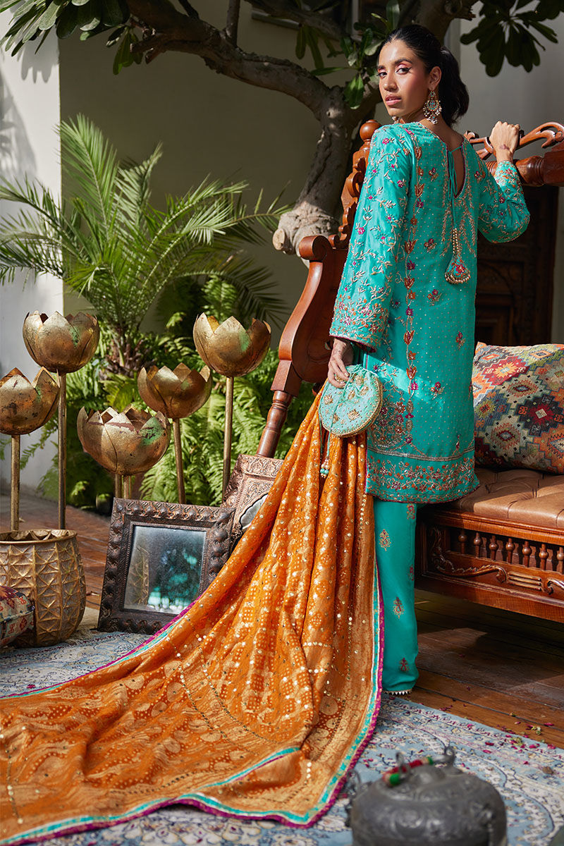 Pakistani Cyan Blue Embroidered Silk-Blend Salwar Kameez (3-Piece) - Image 3