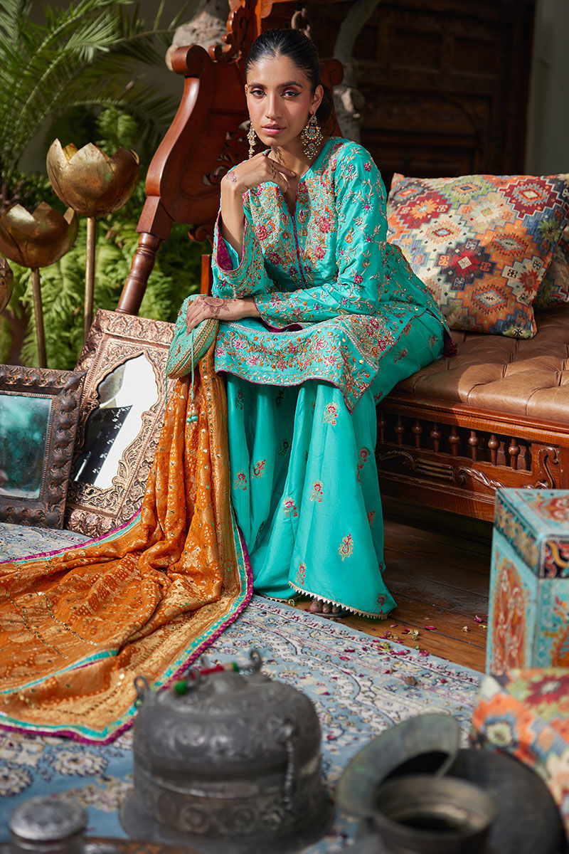 Pakistani Cyan Blue Embroidered Silk-Blend Salwar Kameez (3-Piece) - Image 4