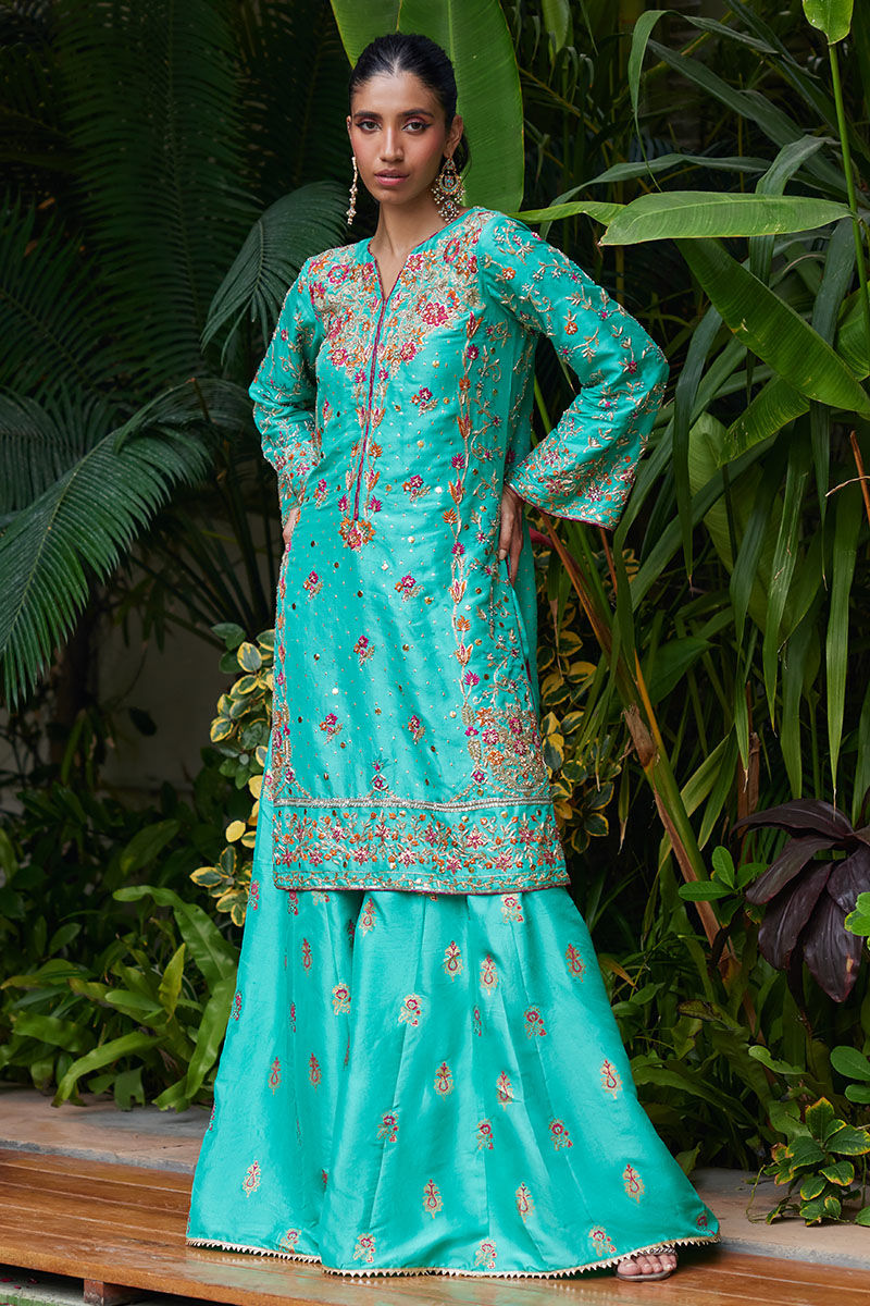 Pakistani Cyan Blue Embroidered Silk-Blend Salwar Kameez (3-Piece) - Image 5