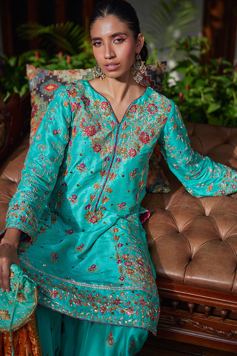 Pakistani Cyan Blue Embroidered Silk-Blend Salwar Kameez (3-Piece) - Image 6