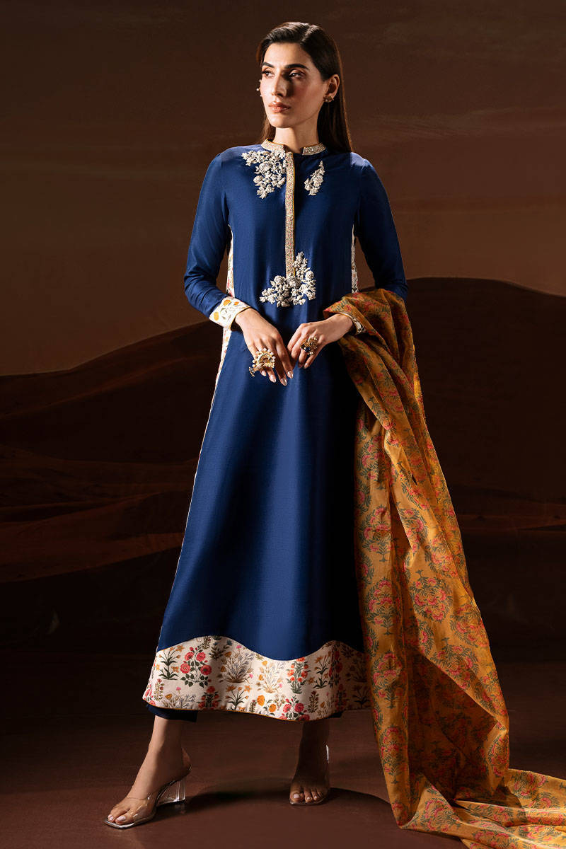 Pakistani Royal Blue Swarovski Silk-Blend Salwar Kameez (3-Piece) - Image 1
