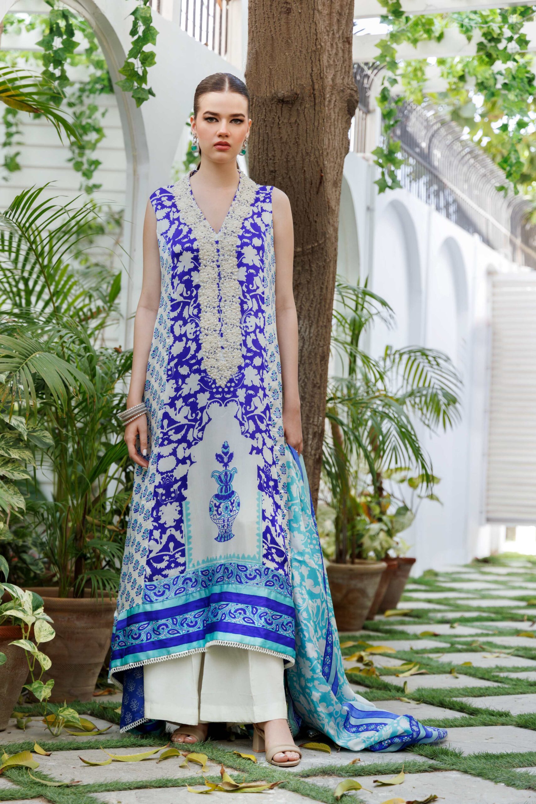 Pakistani Blue Ferozi Block-Printed Silk Anarkali (3-Piece) - Image 2
