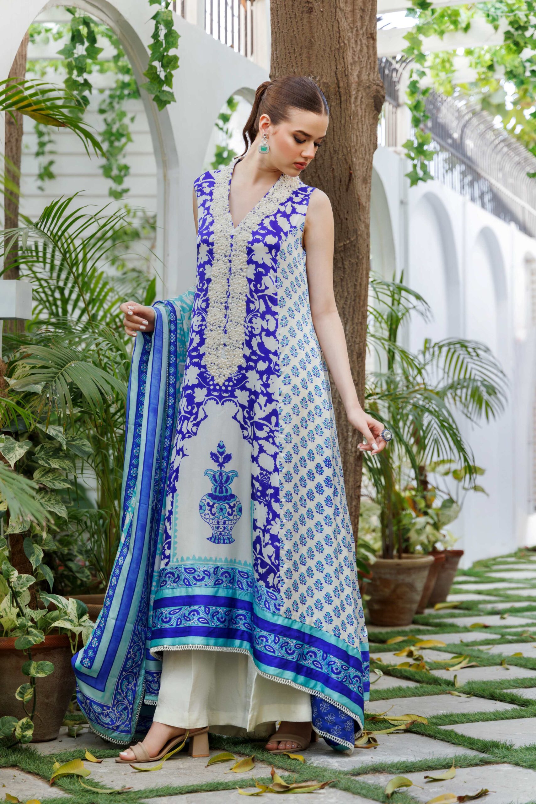 Pakistani Blue Ferozi Block-Printed Silk Anarkali (3-Piece) - Image 3