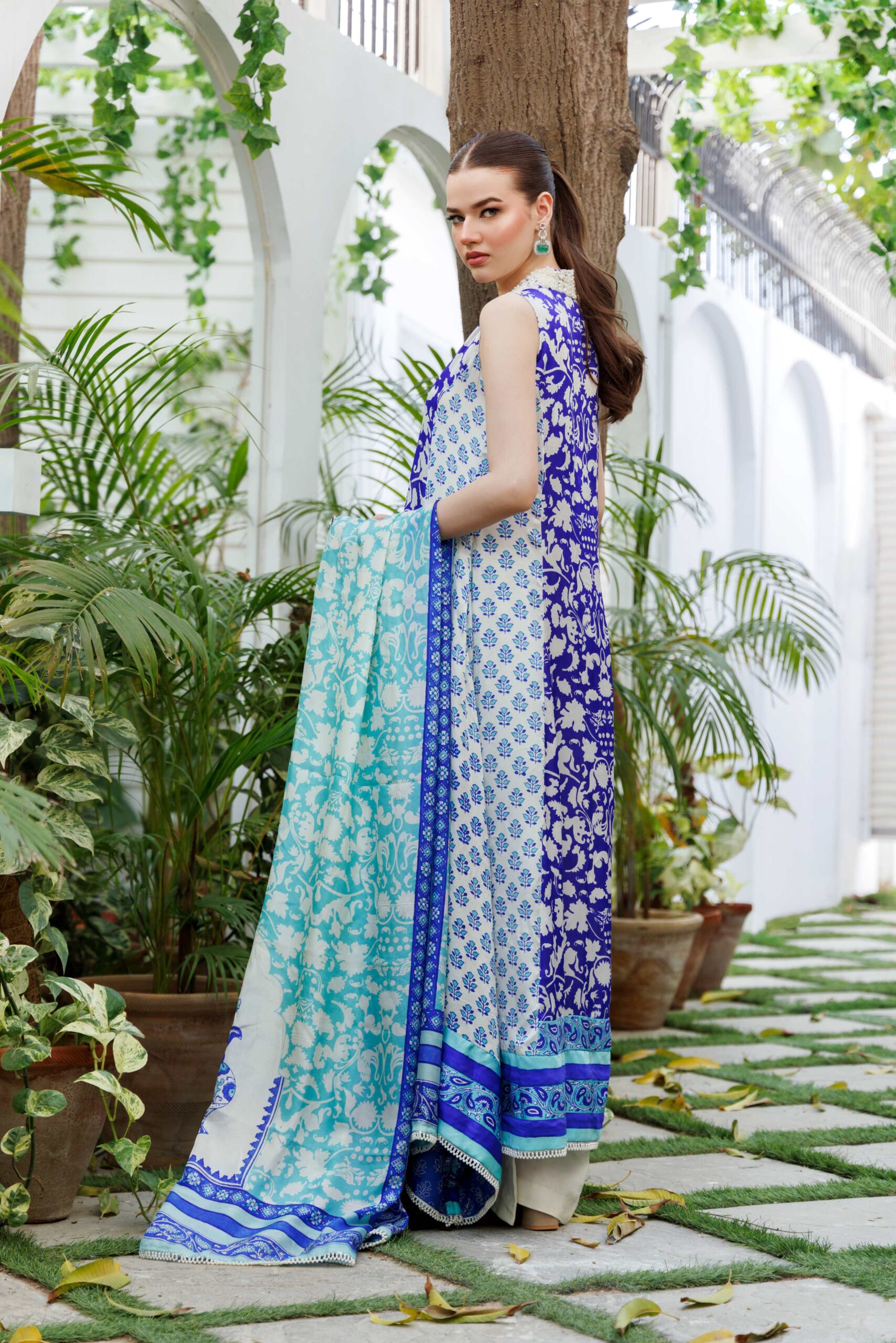 Pakistani Blue Ferozi Block-Printed Silk Anarkali (3-Piece) - Image 4