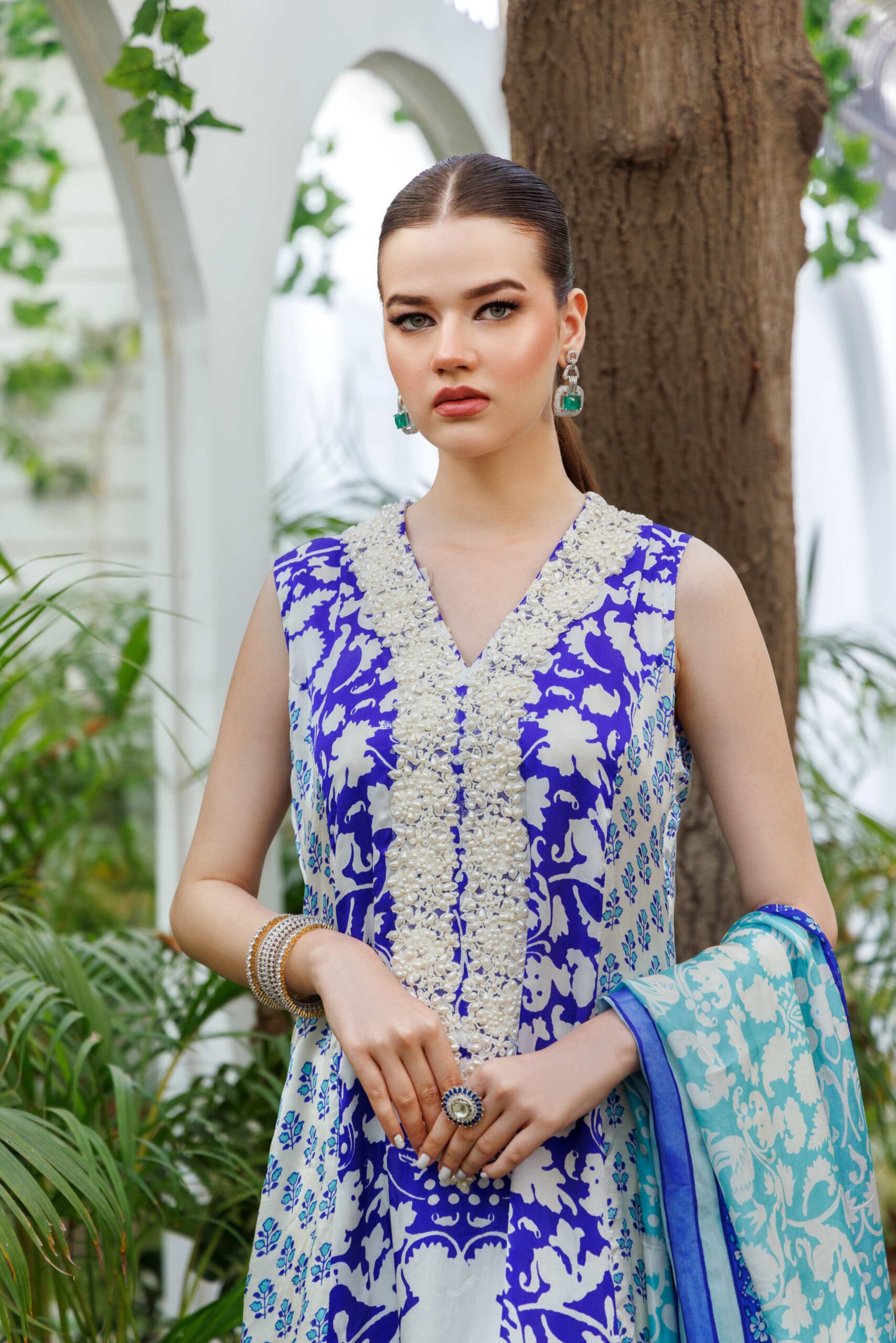 Pakistani Blue Ferozi Block-Printed Silk Anarkali (3-Piece) - Image 5
