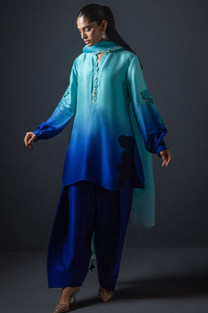 Blue Ombre Cutwork Silk Salwar Kameez (3-Piece) - Image 2