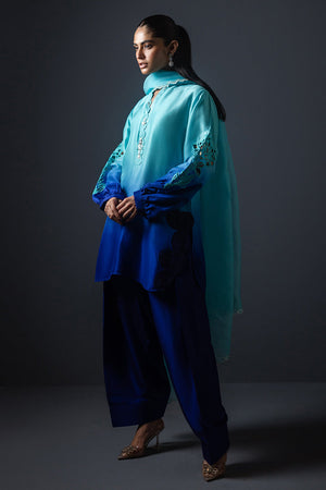Blue Ombre Cutwork Silk Salwar Kameez (3-Piece) - Image 3