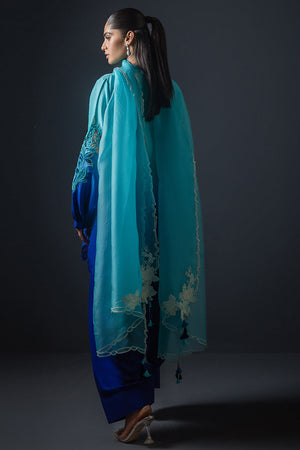 Blue Ombre Cutwork Silk Salwar Kameez (3-Piece) - Image 4