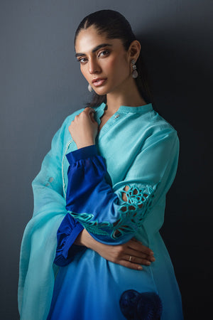 Blue Ombre Cutwork Silk Salwar Kameez (3-Piece) - Image 5