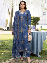 Deep Blue Embroidered Silk-Finish Lawn Salwar Kameez (3-Piece) - Image 1