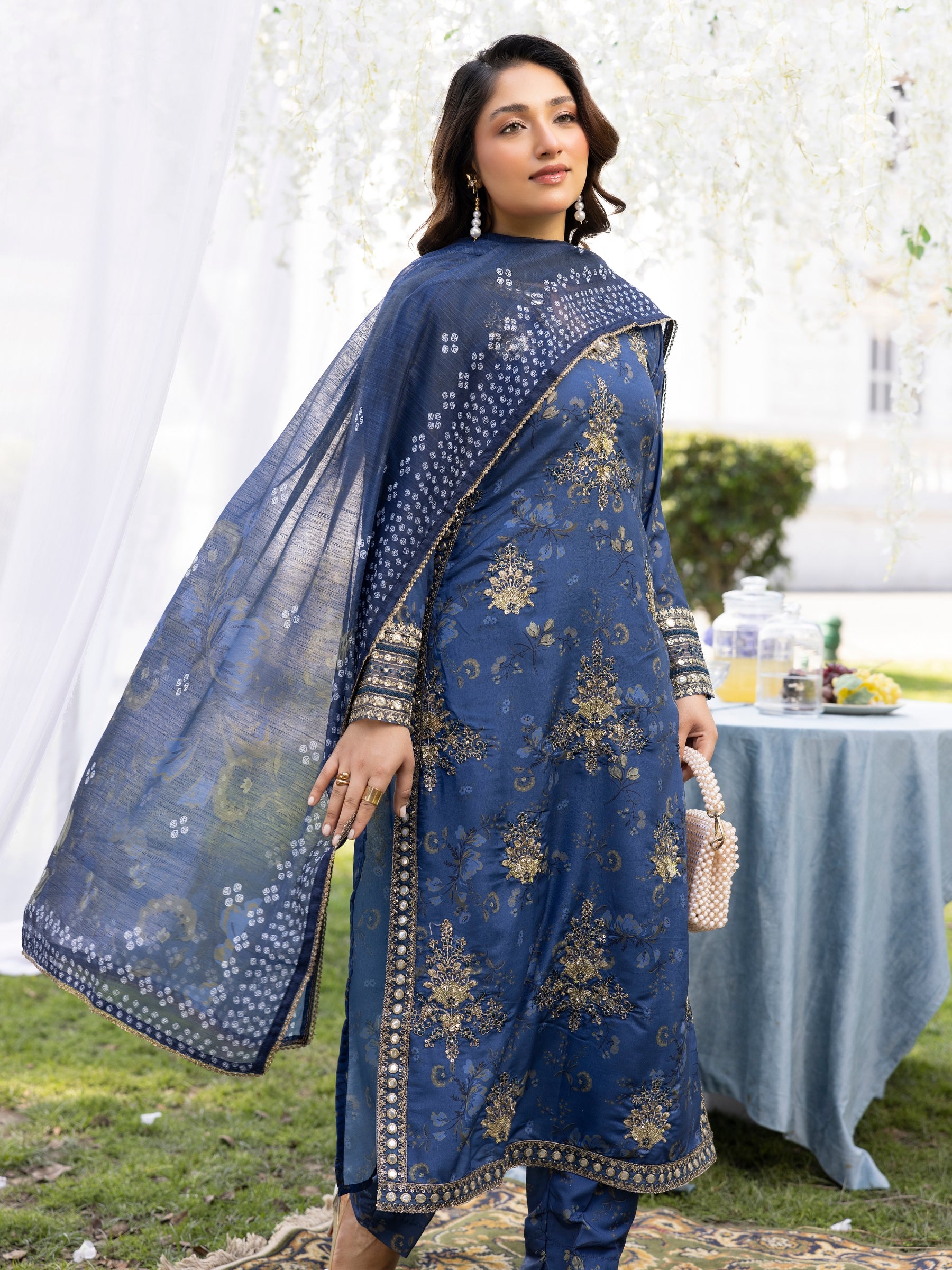 Deep Blue Embroidered Silk-Finish Lawn Salwar Kameez (3-Piece) - Image 2