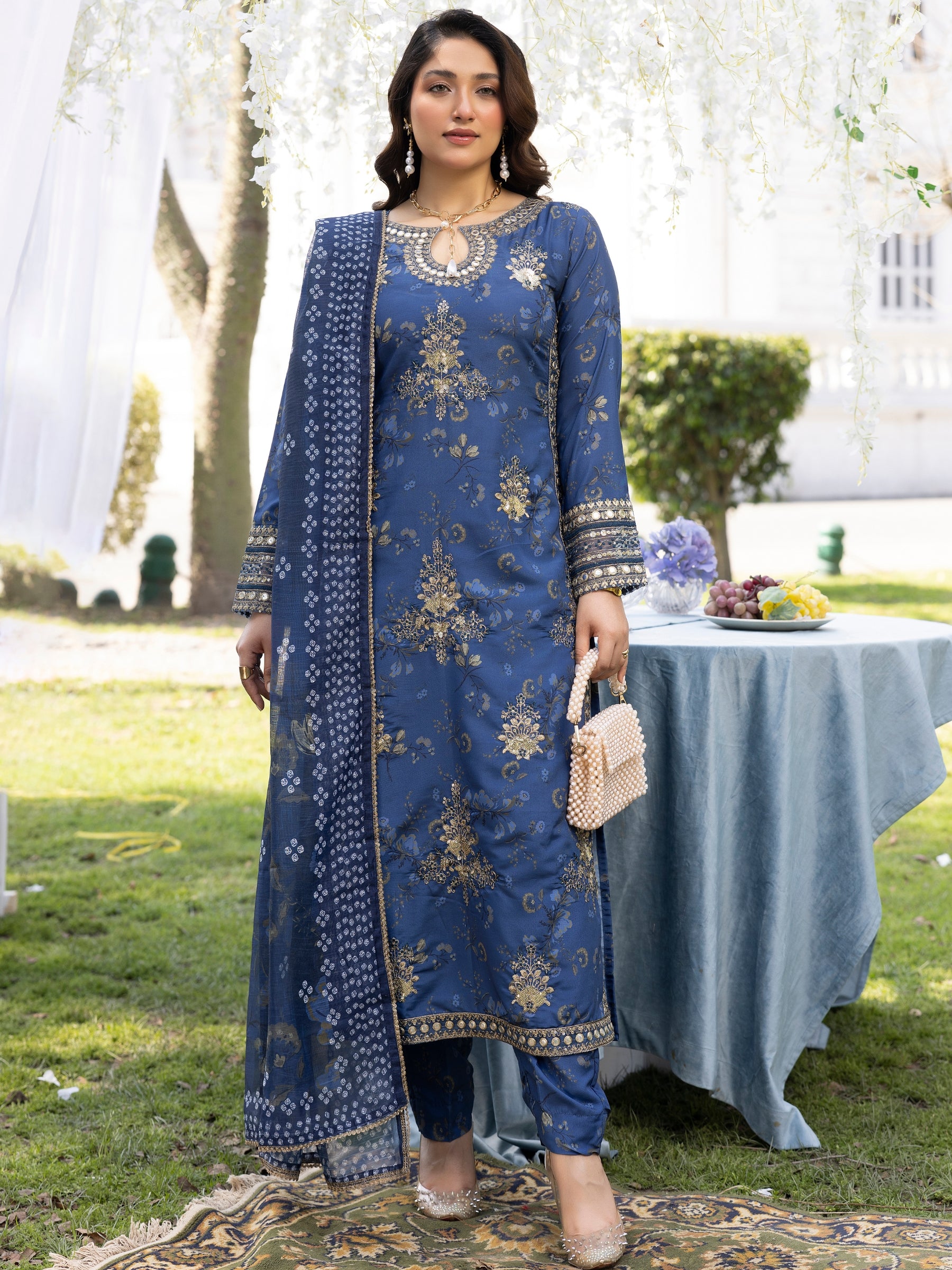 Deep Blue Embroidered Silk-Finish Lawn Salwar Kameez (3-Piece) - Image 3
