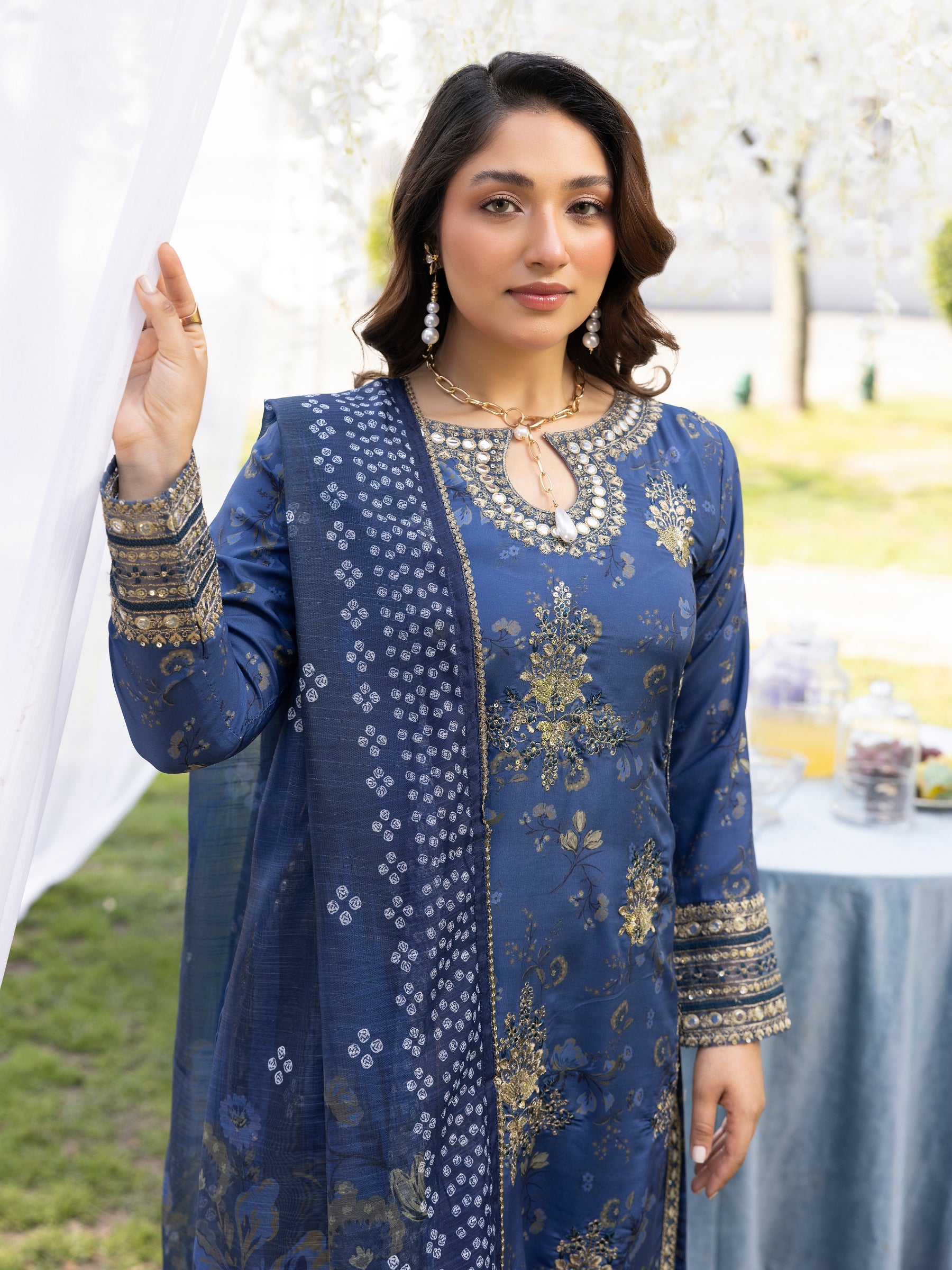 Deep Blue Embroidered Silk-Finish Lawn Salwar Kameez (3-Piece) - Image 5