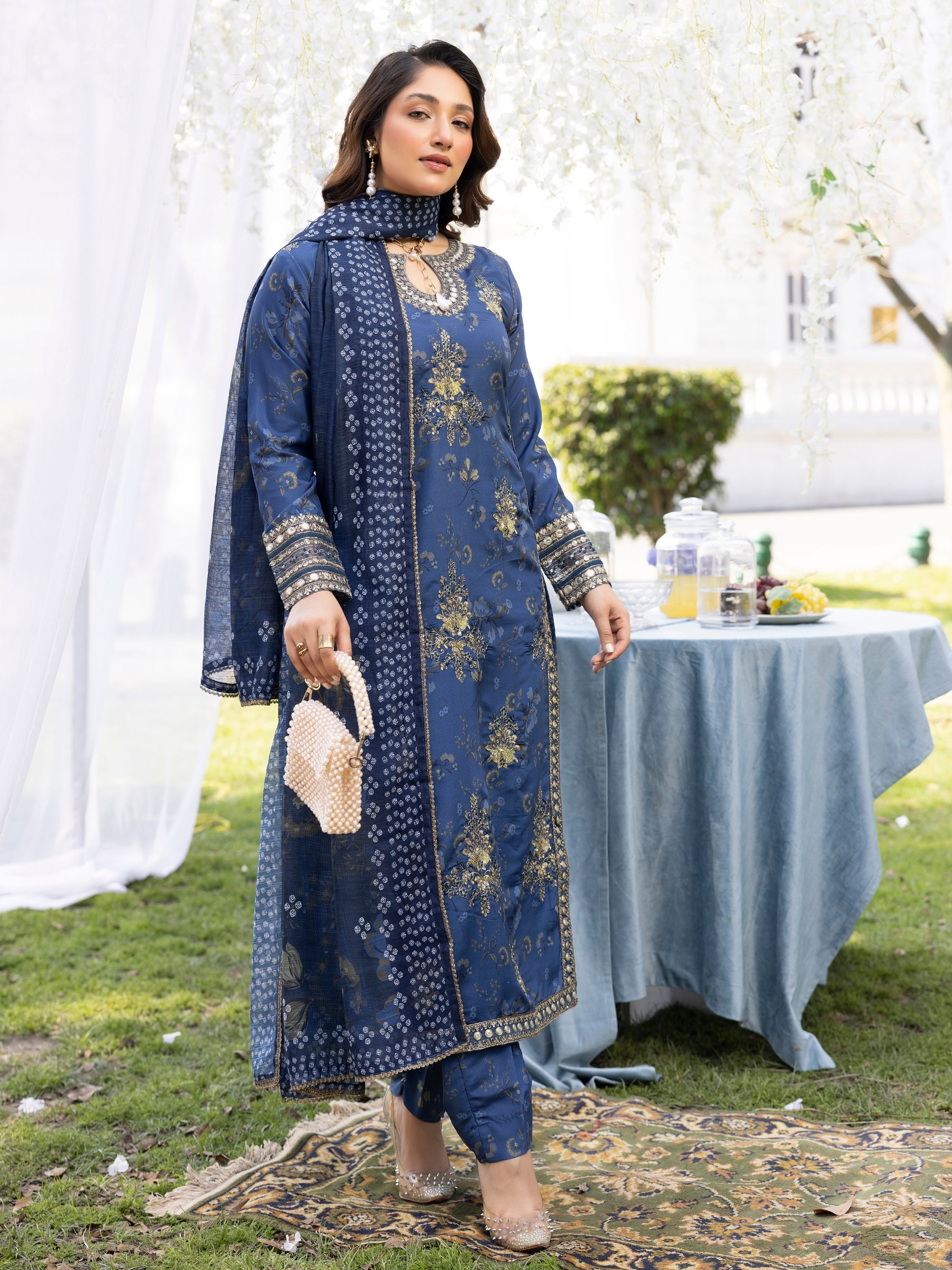 Deep Blue Embroidered Silk-Finish Lawn Salwar Kameez (3-Piece) - Image 7