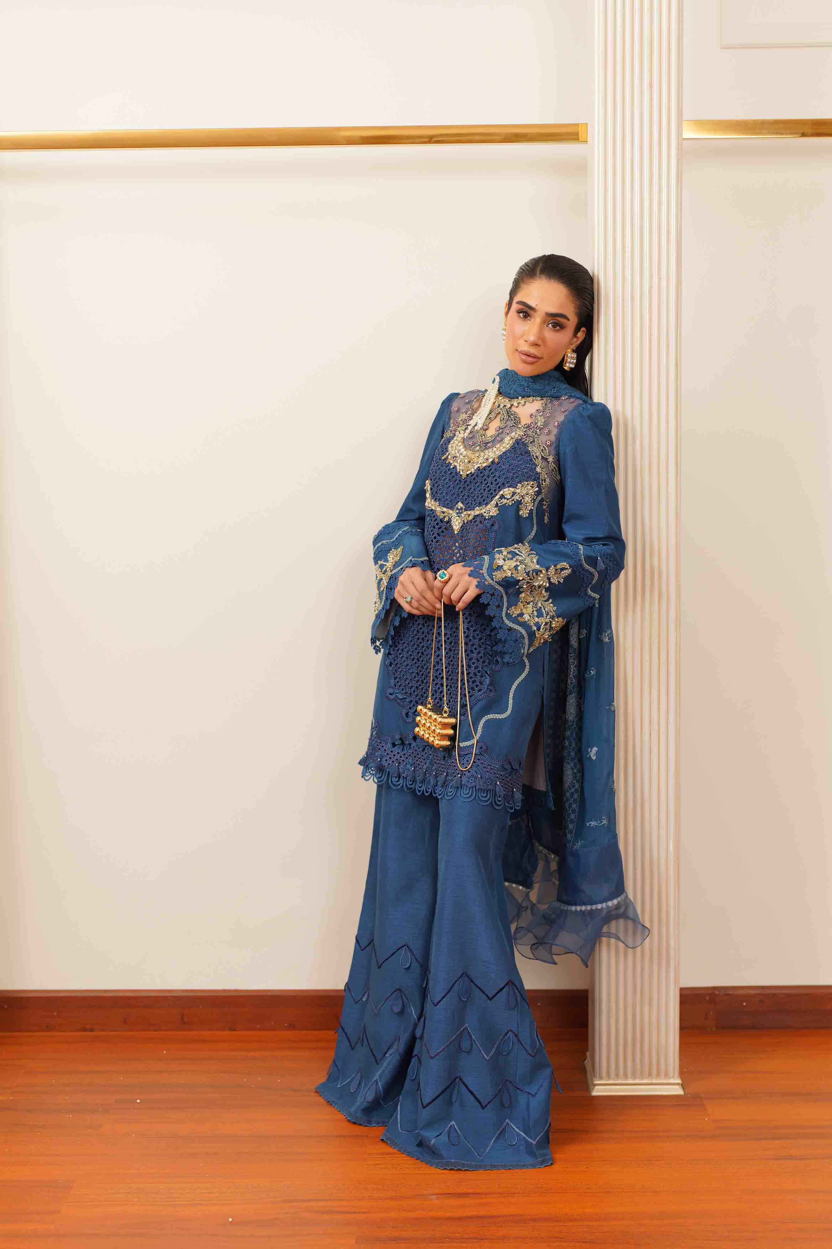 Rich Blue Embroidered Silk Salwar Kameez (3-Piece) - Image 1