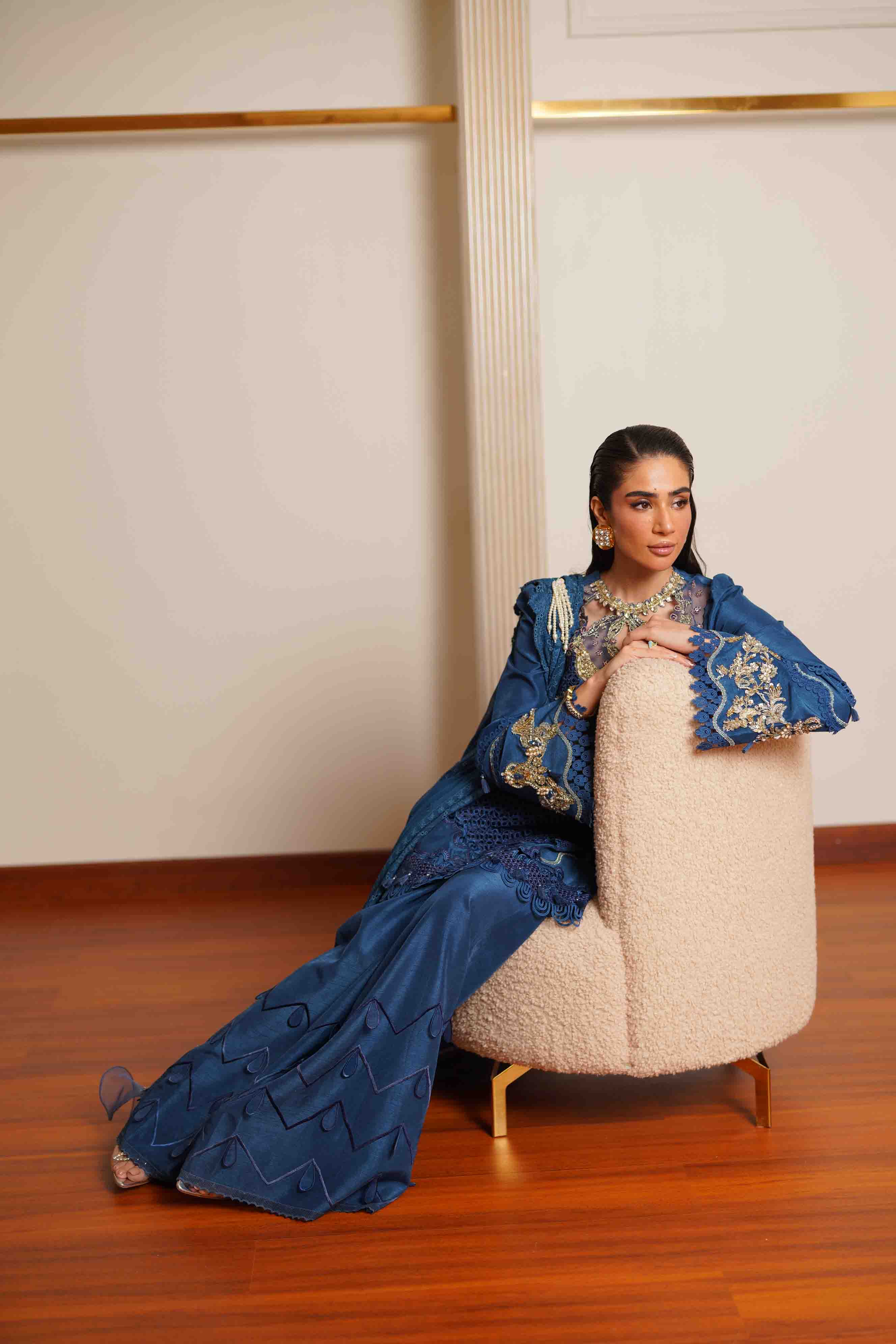 Rich Blue Embroidered Silk Salwar Kameez (3-Piece) - Image 3