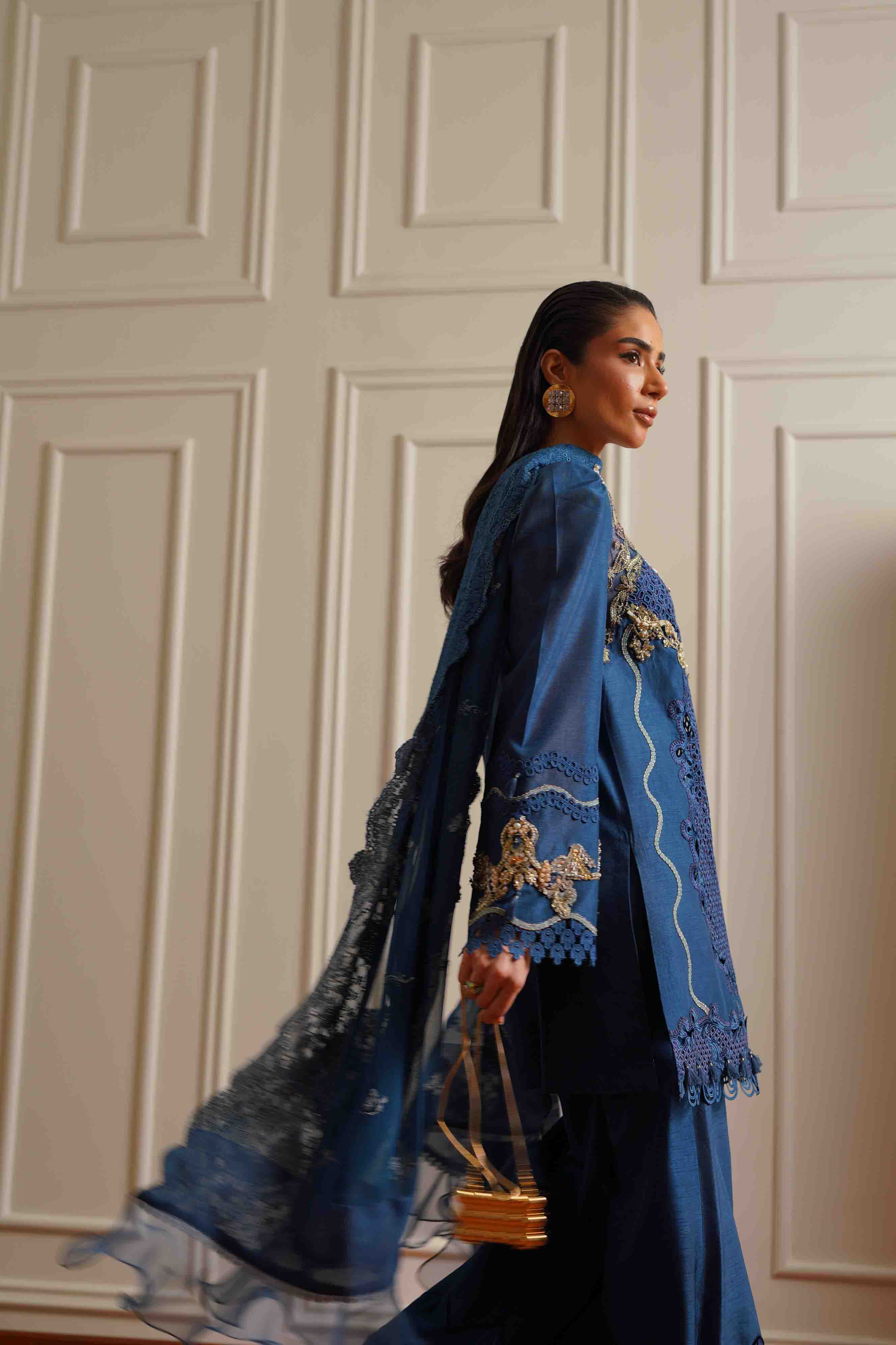 Rich Blue Embroidered Silk Salwar Kameez (3-Piece) - Image 4